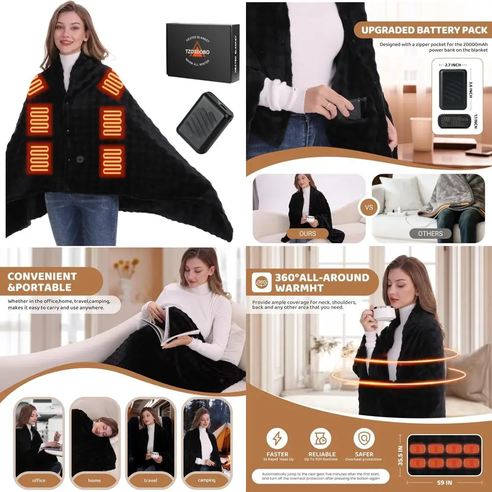 

Portable 20000mAh Rechargeable Heated Blanket, 3-Speed Electric Throw, 59x35.5 Black