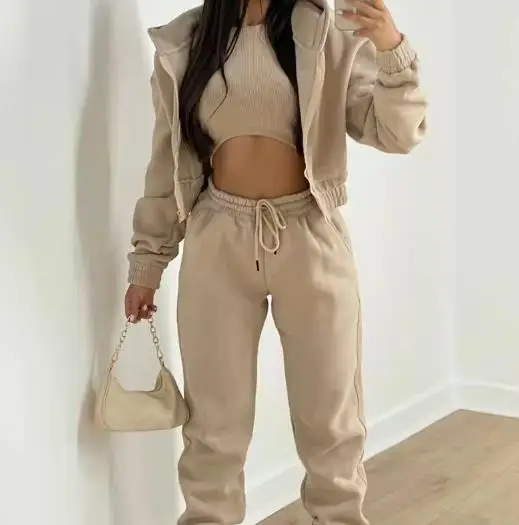 

Solid Color Short Hooded Jacket, Sleeveless Vest, and High Waisted Ankle Pants Set for Autumn Women's Sports Style 3-Piece Set