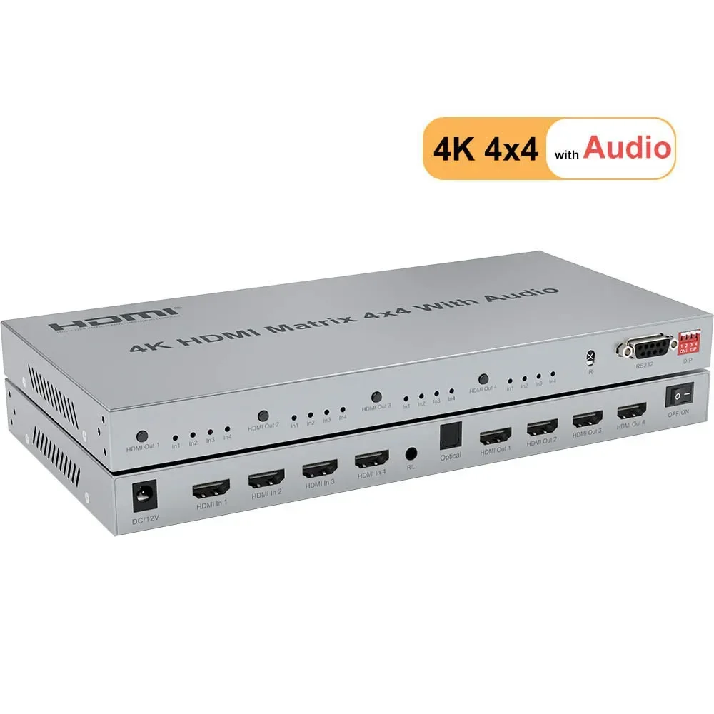 4k 4x4 HDMI Matrix with Toslink Stereo Audio Extractor 1080p HDMI Matrix Selector 4 In 4 Out HDMI Switch Splitter W/ EDID RS232