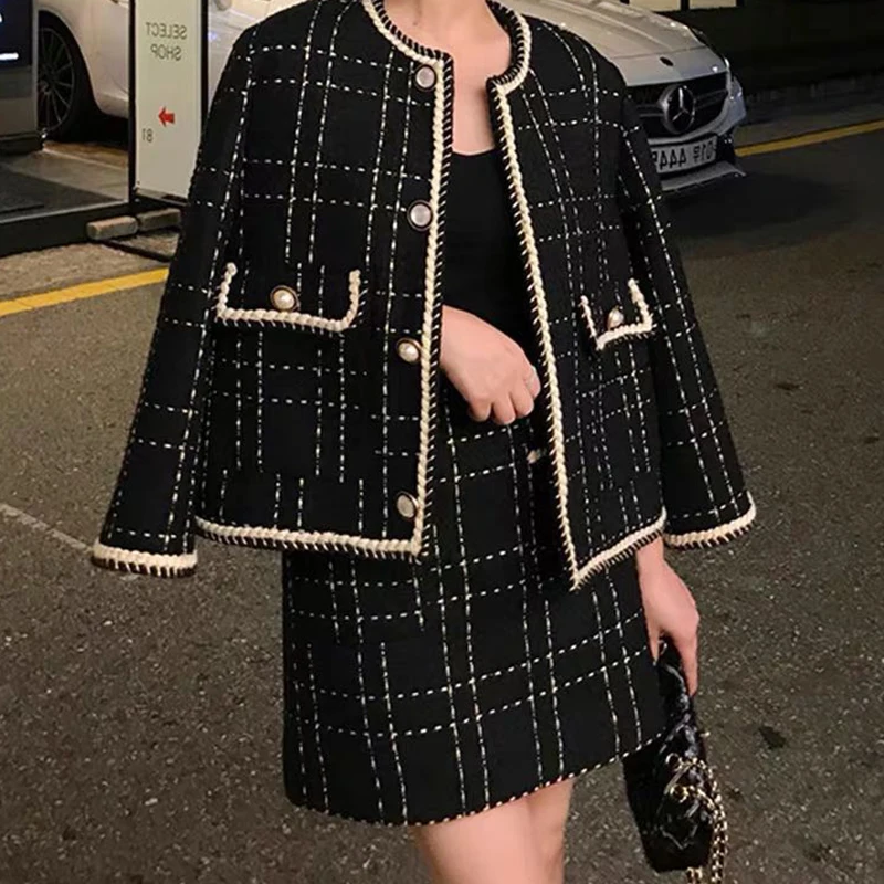 Women Fried Street Tweed Suit 2023 New Spring Autumn Wool Jacket + Skirt Female Fashion Loose Tweed Skirts Two-Piece Set Women