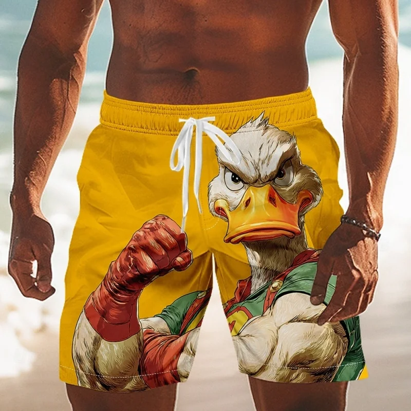 Stylish Cartoon Duck Graphic Swim Trunks For Men Trendy Funny 3D Printed Short Pants Summer Hawaii Surf Swimsuit Beach Shorts