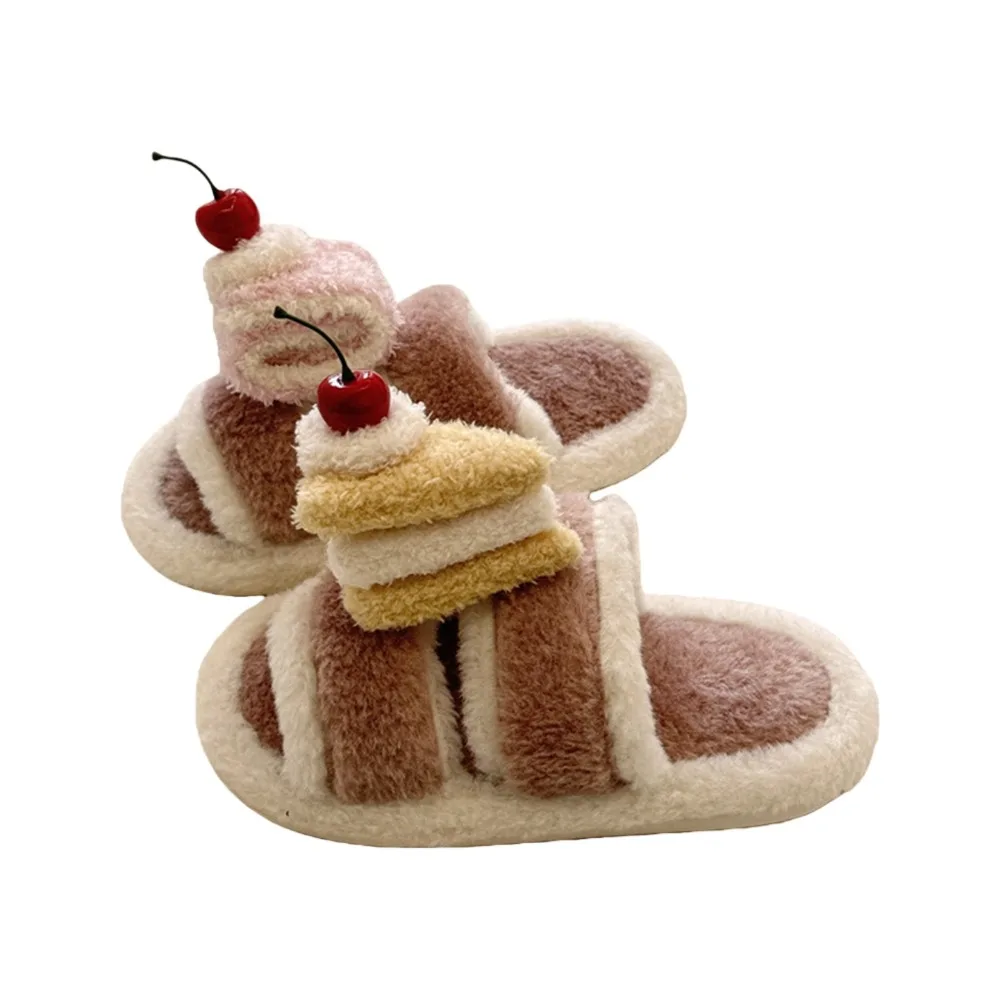 

Casual 3D Cute Cherry Cake Cake Winter Plush Slippers Anti Slip Open-toe Warm Fur Slippers Cartoon Furry Y2K Cat Slippers Girls