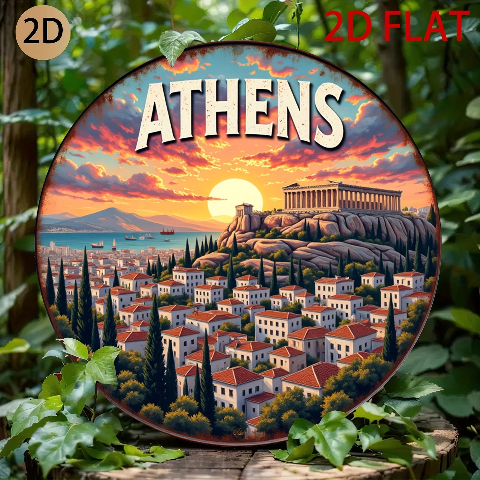 2D Flat Athens Greece Acropolis Sunset Round Metal Decor Sign