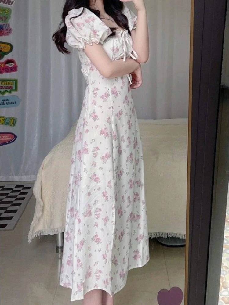 Short Sleeve Dresses Women Floral Mid-calf Drawstring Lovely Temperament Females Vintage Sweet Платье Женское High Waist Korean