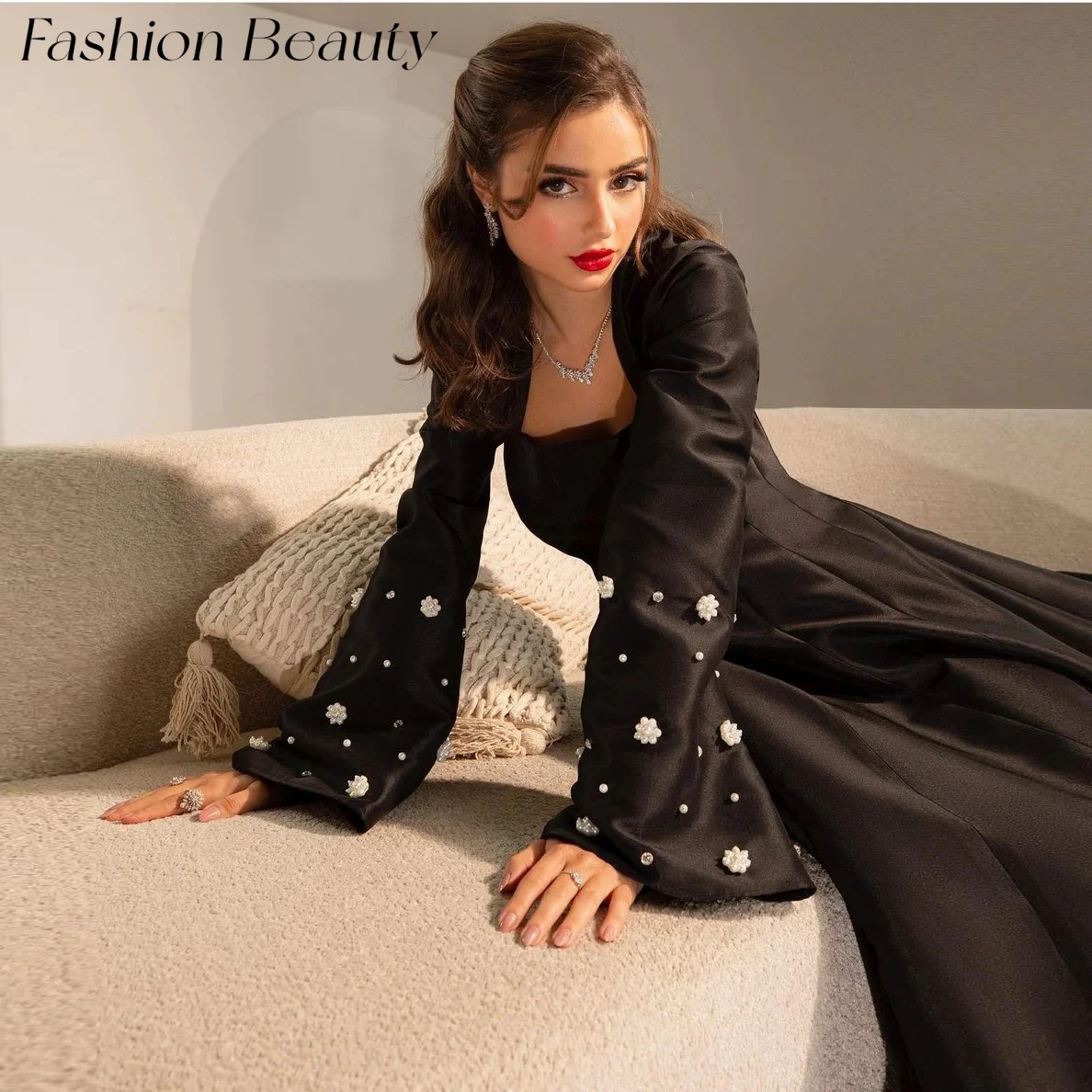 

Fashion Beauty Black Prom Dresses Square Neck Flower Beads A Line Formal Occasion Dress For Women 2024 vestidos para mujer