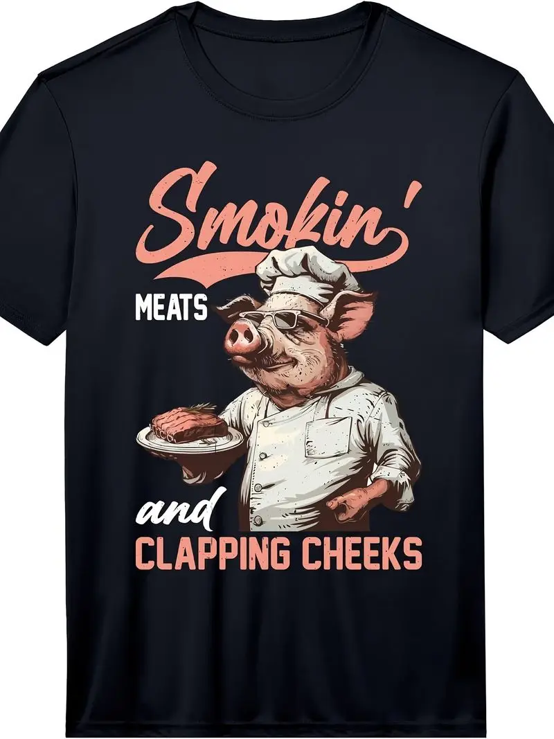 Smokin' Meats And Clapping Cheeks Barbeque Grill Performance T-Shirt Retro Casual Short-Sleeved Round Neck Printed Pattern Tee