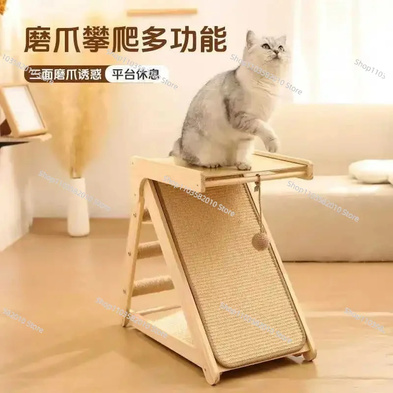Solid wood three-fold cat climbing frame, wear-resistant sisal cat scratching board, free installation cat nest