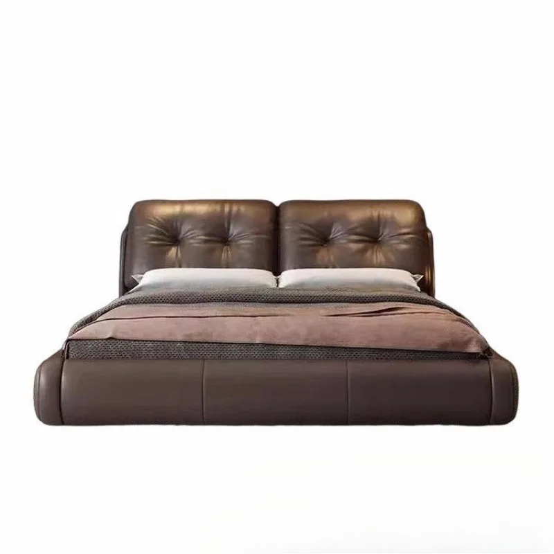 Italian minimalist leather bed, master bedroom bed, double brown buckle soft bag light luxury home double bed storage