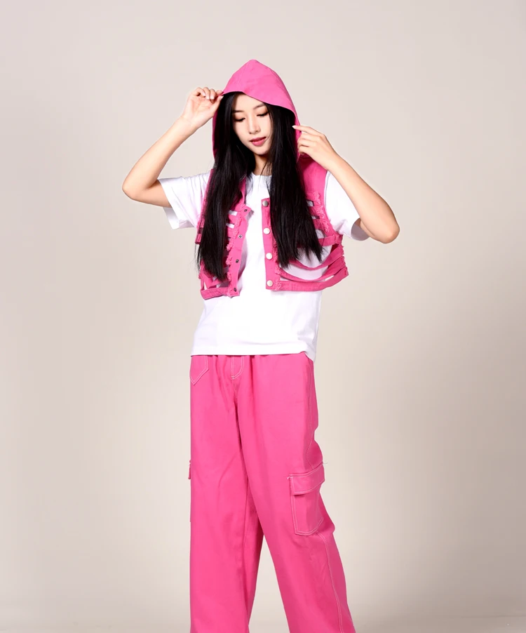 Pink Jazz Dance Costume Adult Street Dance Performance Outfit Children Hip Hop Stage Outfit Hollow Out Wasitcoat Pants