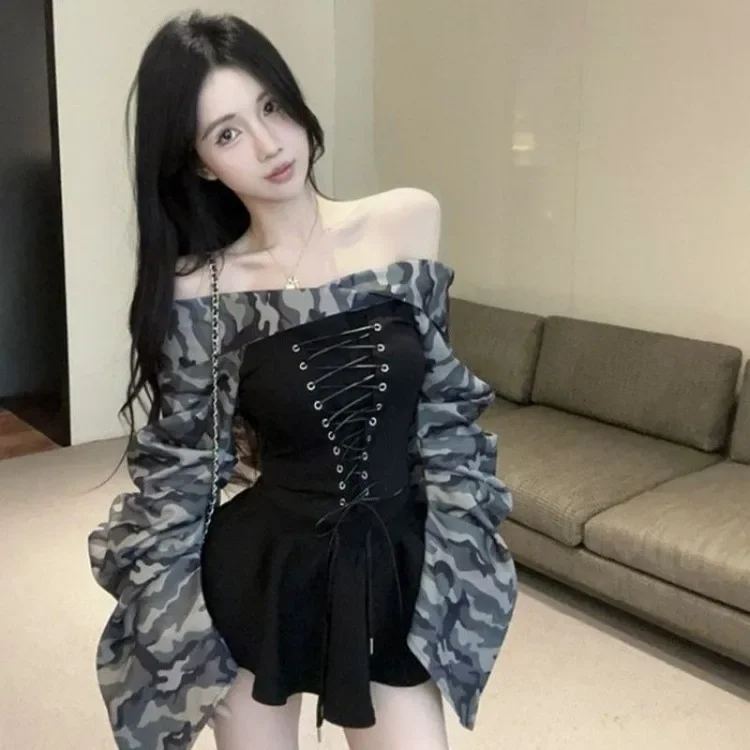 

Женская камуфляжная рубашка в американском стиле, осенняя тонкая талия, блузки на шнуровке, укороченный топ, винтажный Y2k, субкультурные Blusas De Mujer Camisas