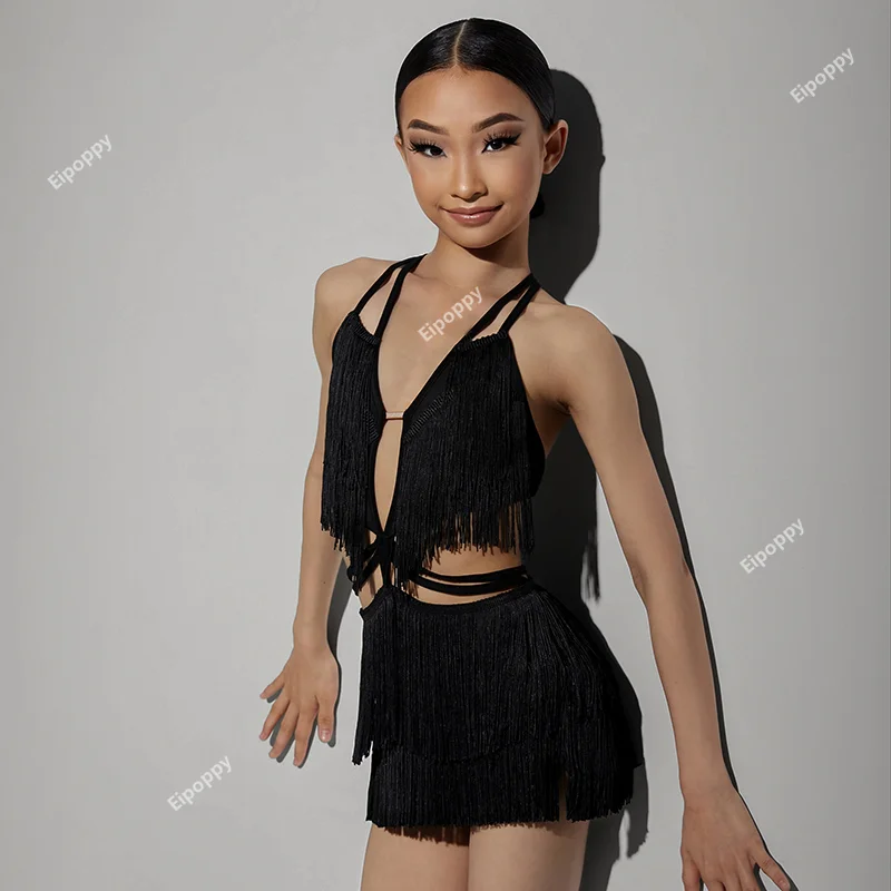 Kids Latin Dance Dress Girls Competition Dress Cut Out Waist Fringe Dress Cha Cha Samba Rumba Dance Performance Costume