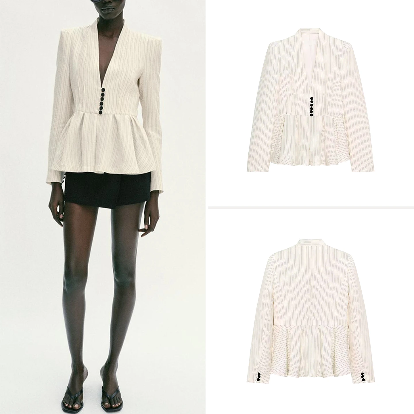 

Spring 2026 Women's Long Sleeve Striped V-Neck Short Skirt Suit Jacket Standard Fit Regular Thickness Fashionable Business Wear