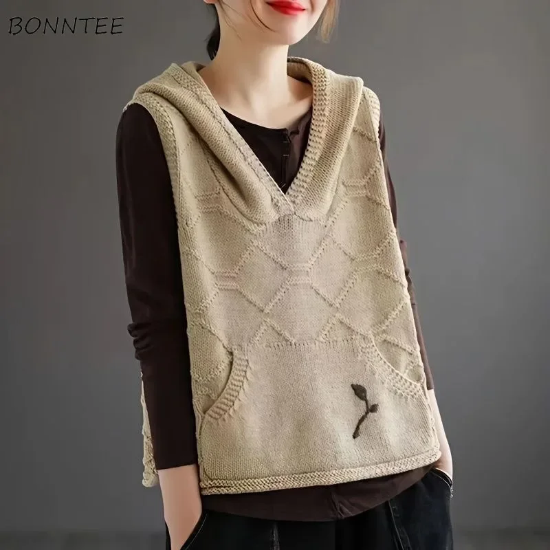 Hooded Sweater Vests Women Loose Front Pocket Embroidery All-match Outerwear Female Knitting Vintage Literary Spring Autumn Tops