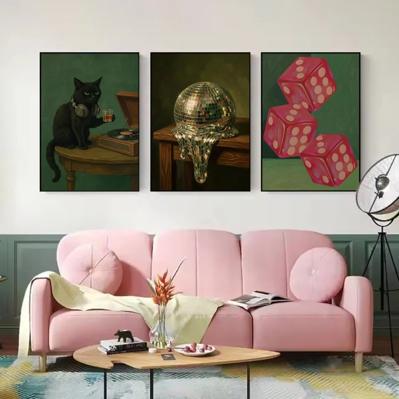 1pc frameless Canvas Painting Retro Bathroom Quotes DJ Cat Eating Cake Lucky Dice Melting Disco Ball Positive Poster Canvas Pain