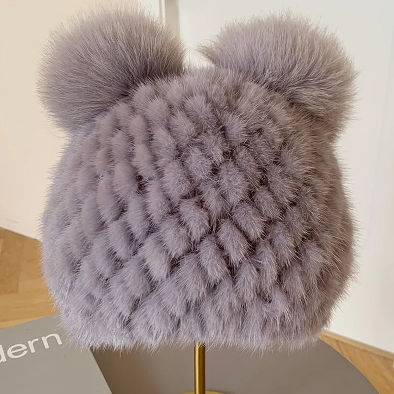 Women Real Mink Fur Knitted Hat Thickened Warm Ear Protection Hat Winter Beanie With Fox Fur Balls Fashion Outdoor Headwear Cap