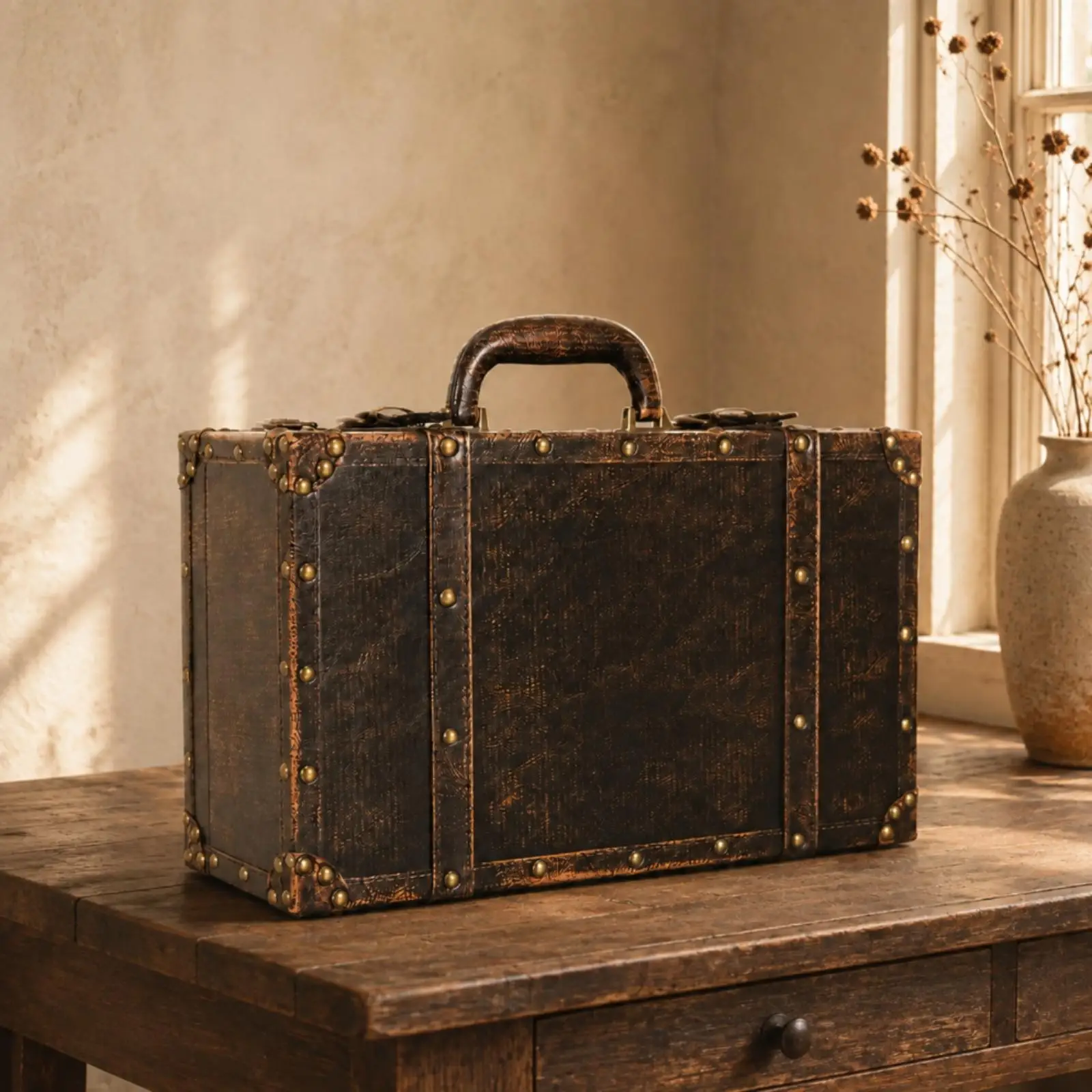 Old Fashioned Storage Trunk Organizer with Leather Texture Finish for Desk Papers and Craft Supplies