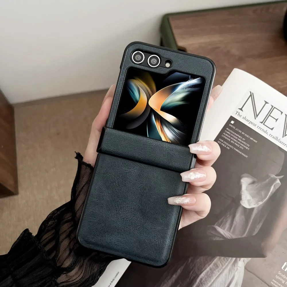 For Samsung Galaxy Z Flip 6 5 4 3 Case Luxury Faux Leather Hinge All-inclusive Folding Shockproof Protective Hard Back Cover