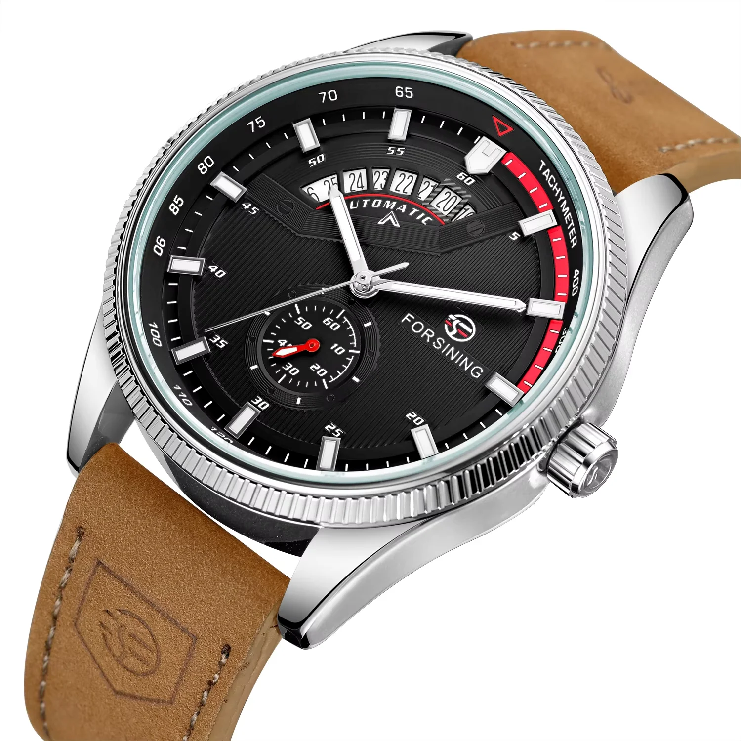 FORSINING Gold Watch Simple pin scale mechanical watch Gear Circular calendar Brown belt Wrist watch Alloy mechanical watch