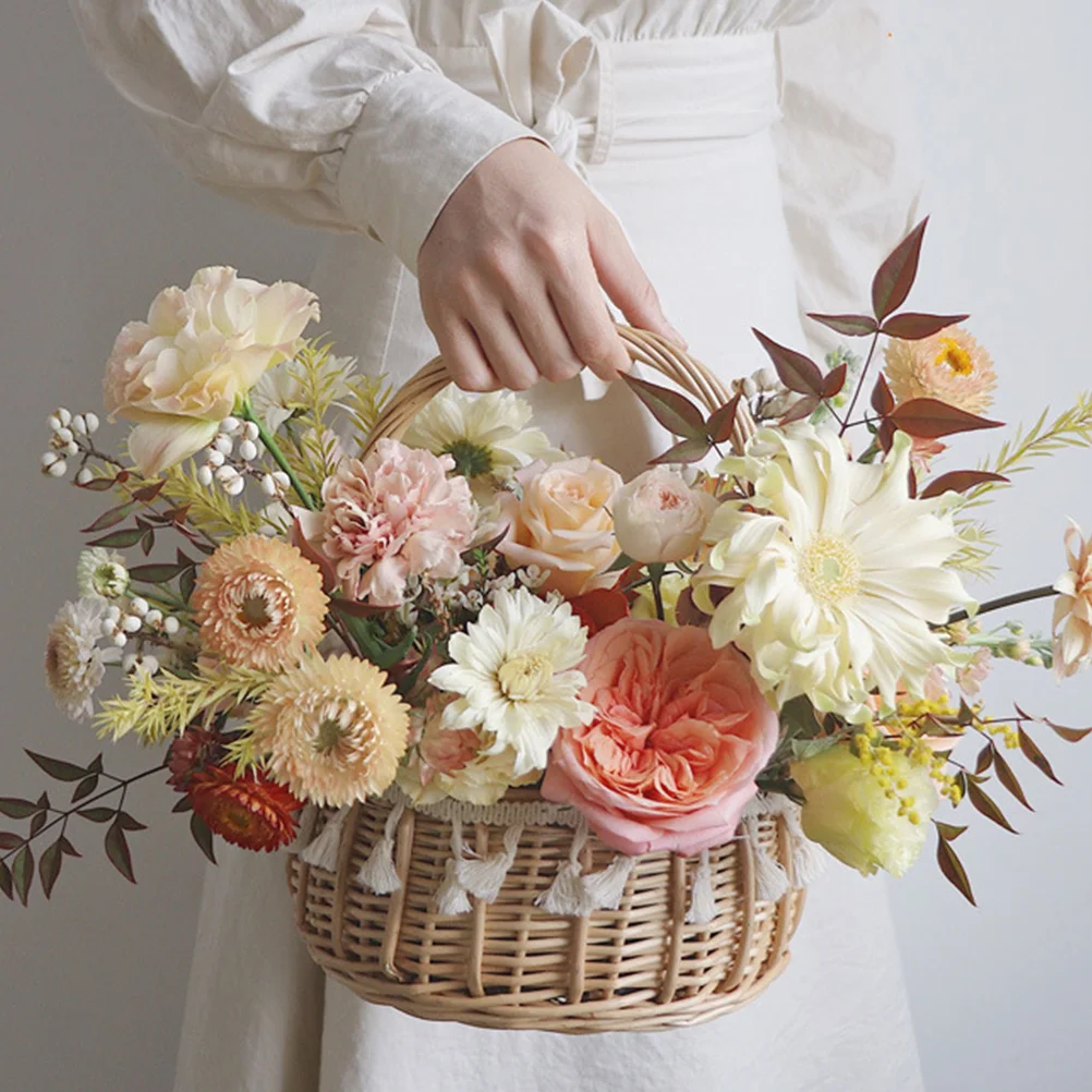 

Woven Flower Basket Round Waterproof Planter Storage Pot Wood Table Centerpiece Home Decorative Charm Chic Style