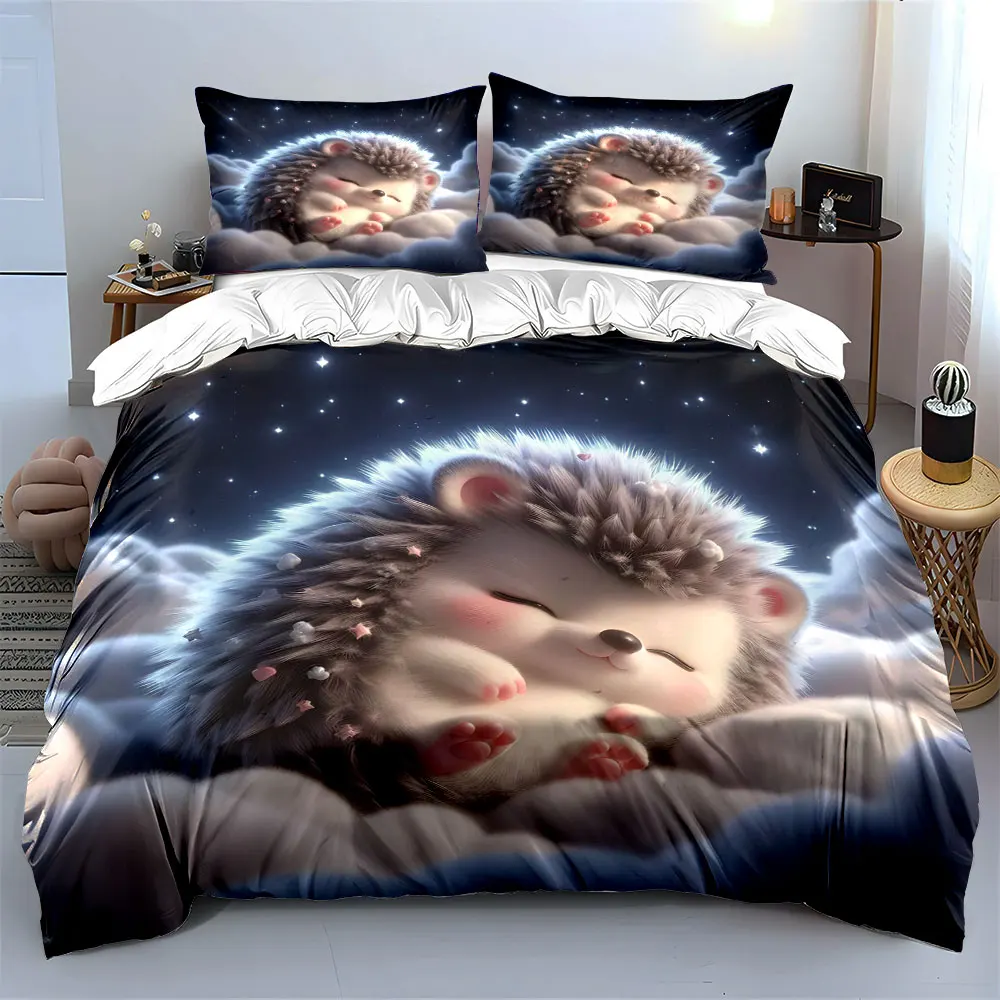 3pcs Hedgehog Sleeping on Clouds Under Stars Print Bedding Set 1 Duvet Cover 2 Pillowcases for Adult and Children Luxury Gift