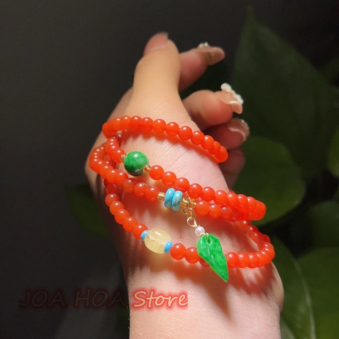 Round Bead Bracelet Necklace With Four Circles Hand String Natural Warring State Agate Bangle Chain Dry Verdant Jade DIY Jewelry