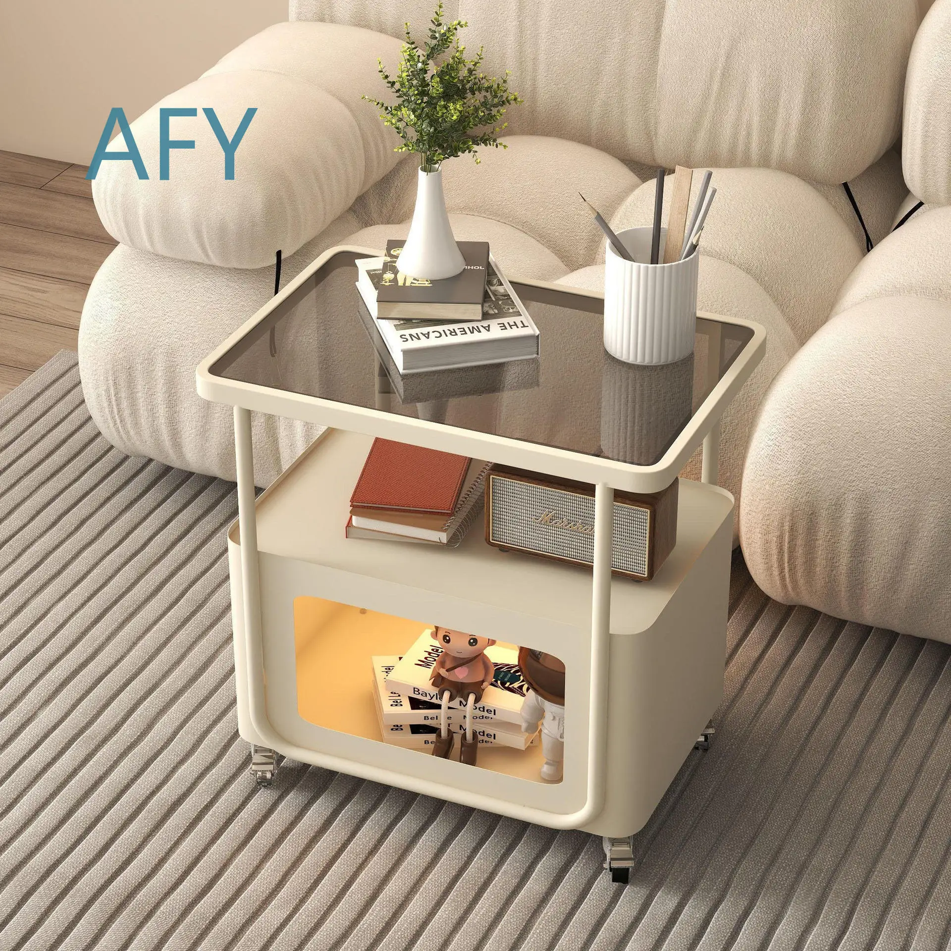 Creamy Style Mobile Side Table for Sofa Living Room Small Rolling Cart for Snacks Modern Minimalist Accent Shelf Bedside