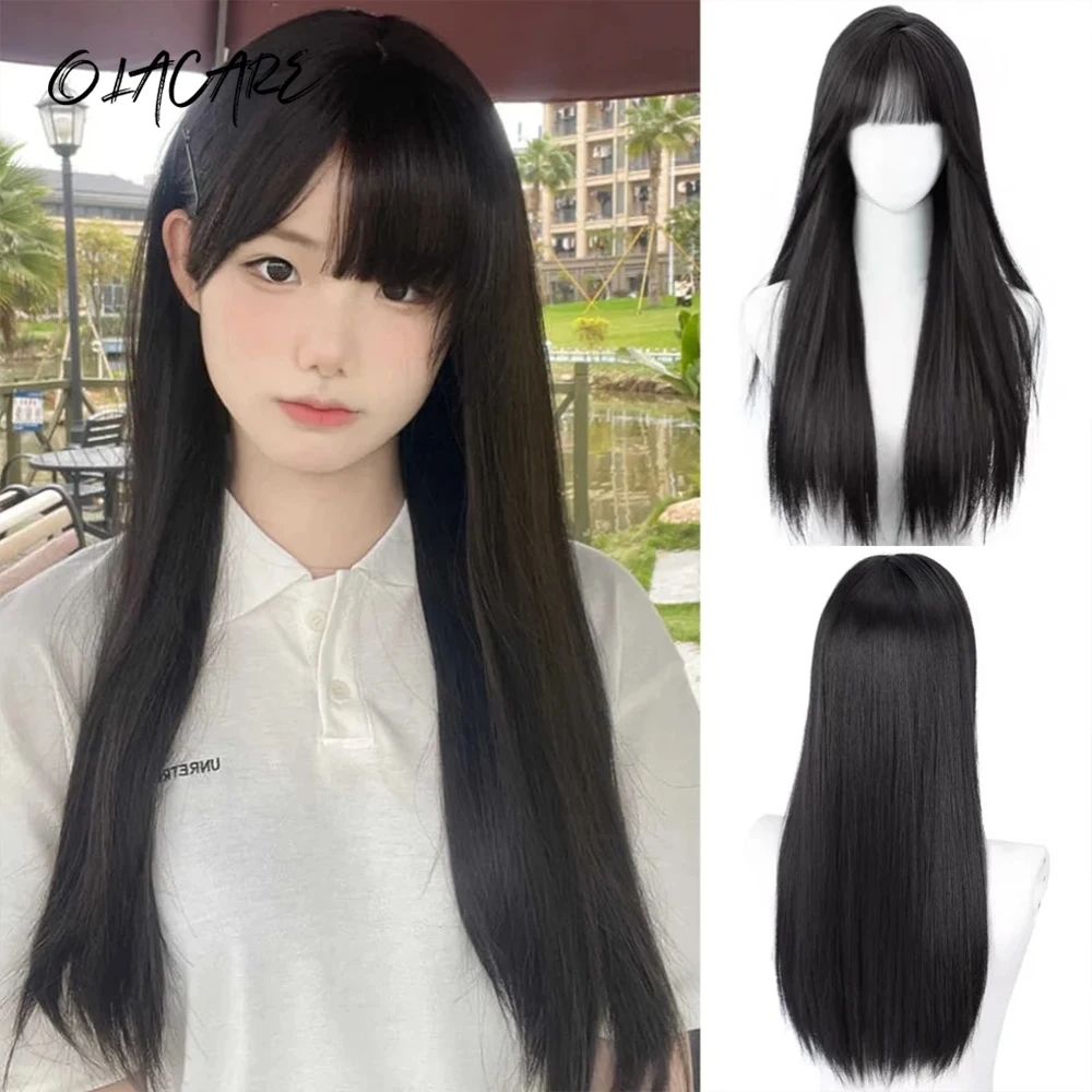 

Cosplay Lolita Wig With Bangs 26Inch Synthetic Long Straight Brown Black Pink Wig LM Hair Heat-Resistant For Women