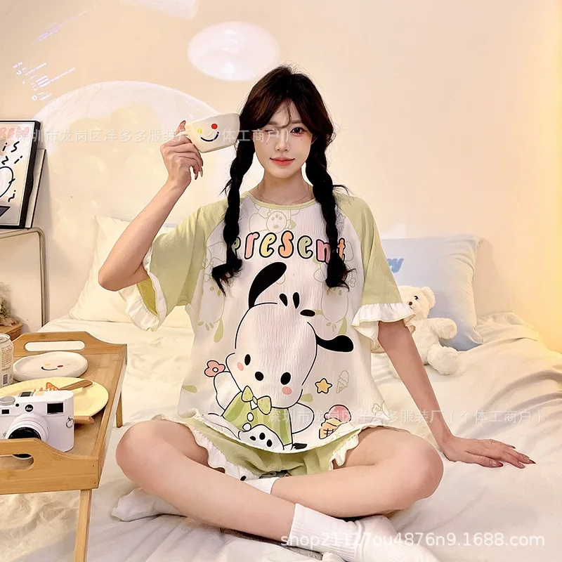Cartoon Hello Kitty Women's Summer Cloud Cotton Pajama Set Short Sleeve Round Neck Loose Fit Cute Print Comfy Home Loungewear