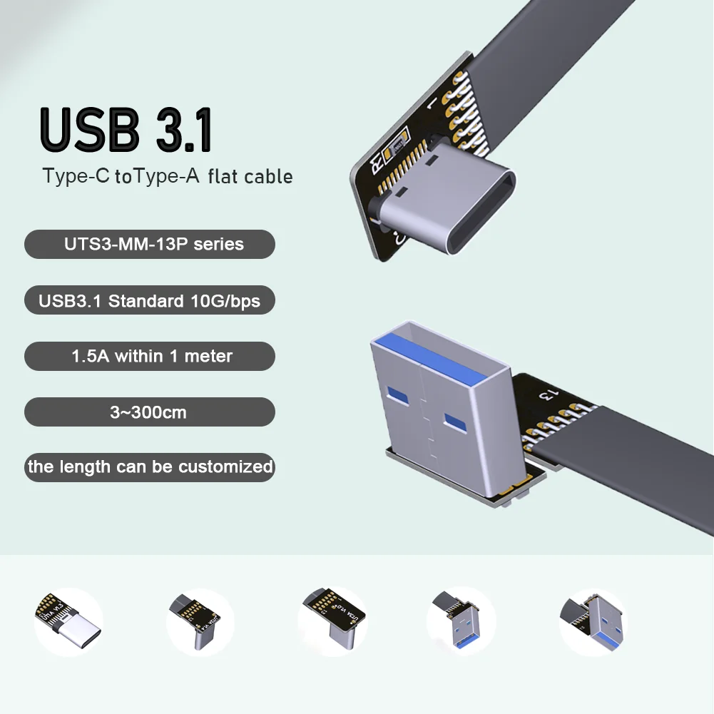 3A USB Type C double 90 Degree USB C Cable Ribbon Flat Angled Up Down Left Right Type A USB 3.0 type-C Fast Charging Data Cable