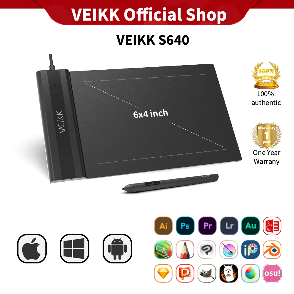 

VEIKK S640 Graphics Tablet,Digital Drawing Tablet,6.5x4", for Drawing & Game OSU,Battery-Free Pen Support Windows Mac Android