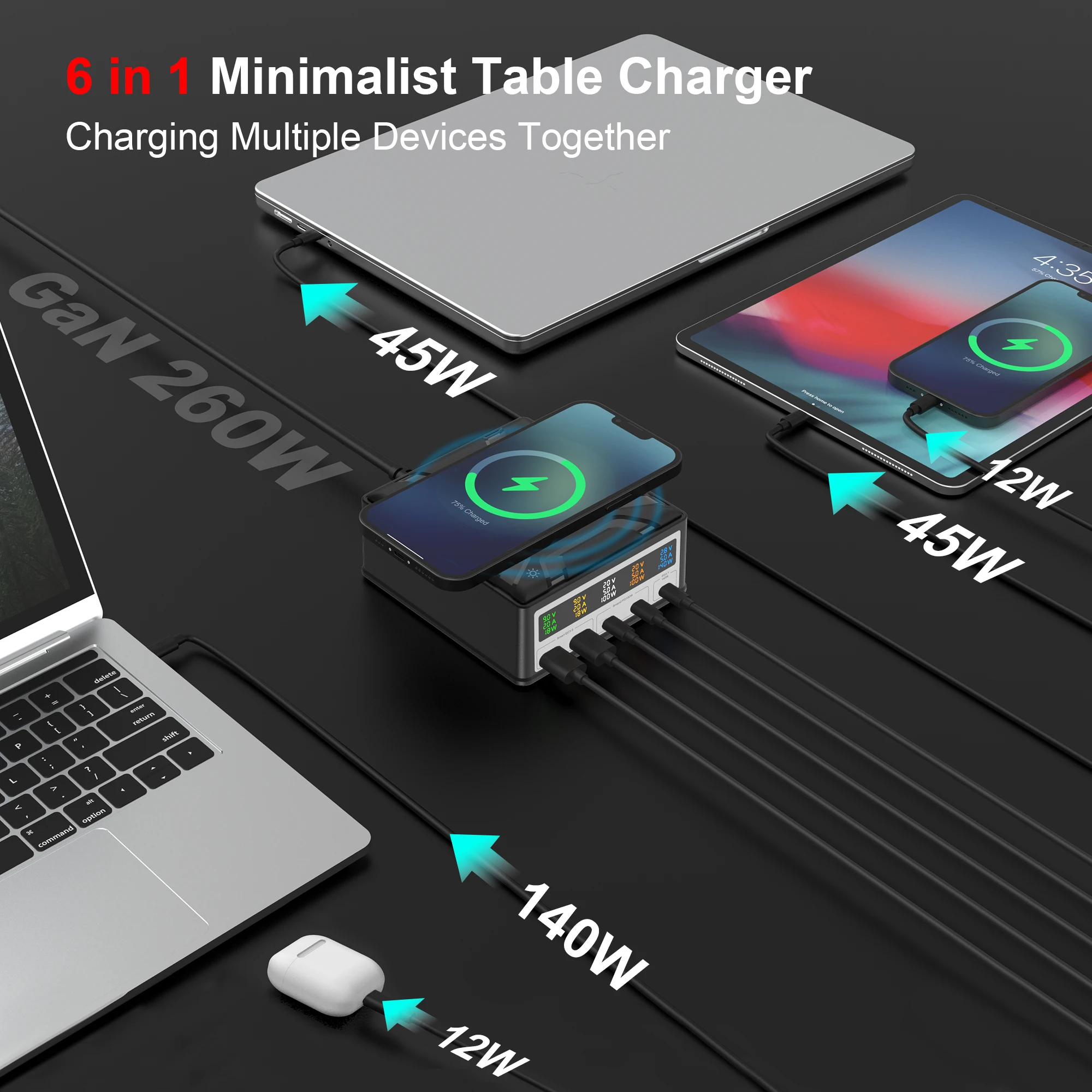 260W GaN Wireless Charger Display Dock Station PD3.1 140W Fast15W 10W Wireless Charging for Laptop Macbook Phone Ready to Ship