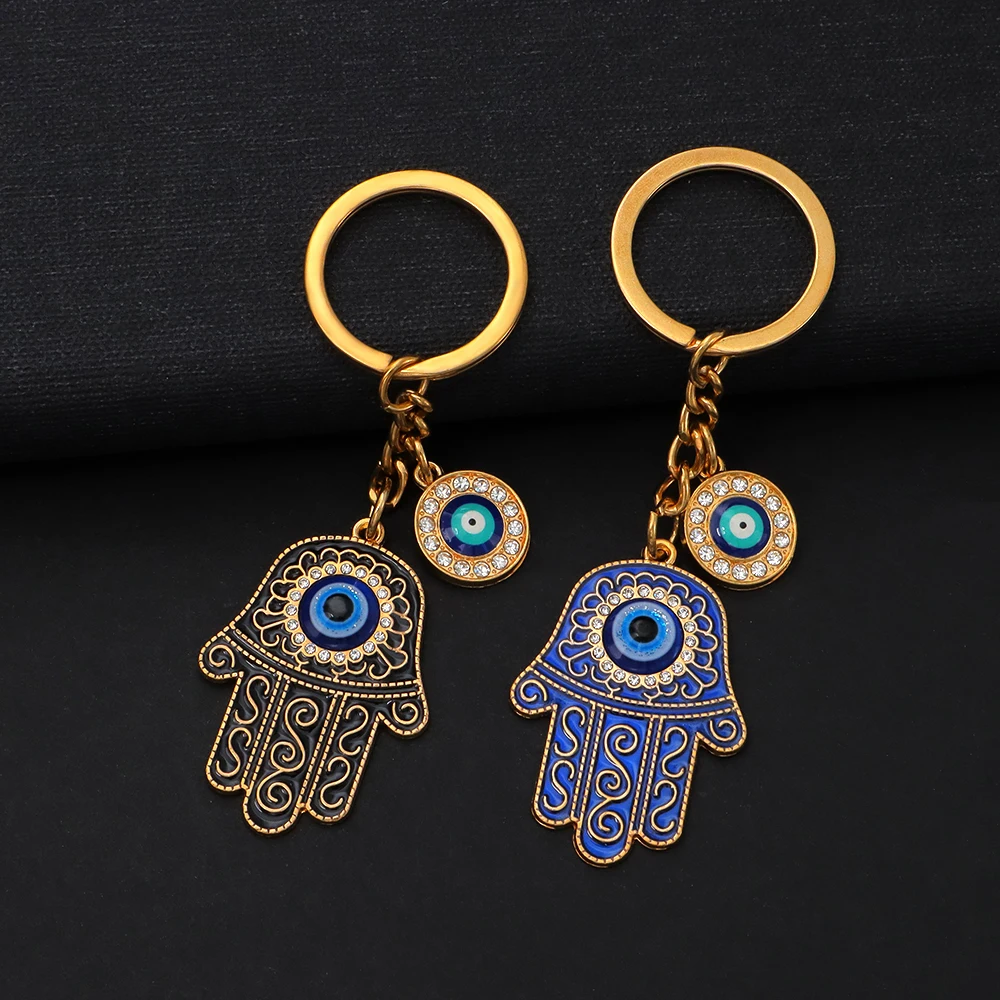 Turkish Devil Eye Keychains for Women Men Rhinestone Hamsa Hand Keyrings Fashion Bag Car Airpods Box Key Accessories Gift