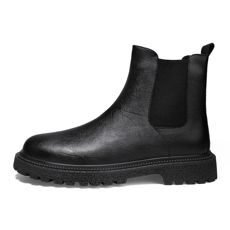 Men Pure Black Genuine Leather Chelsea Boots Ankle Casual Fashion Luxury Autumn Winter Non-Slip Designs Big Size 45 46