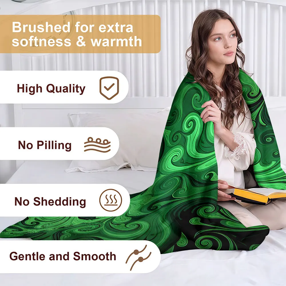 Dark Green Swirl Fluid Soft Warm Flannel Blanket Lightweight Cozy Christmas Halloween Home Decor Room