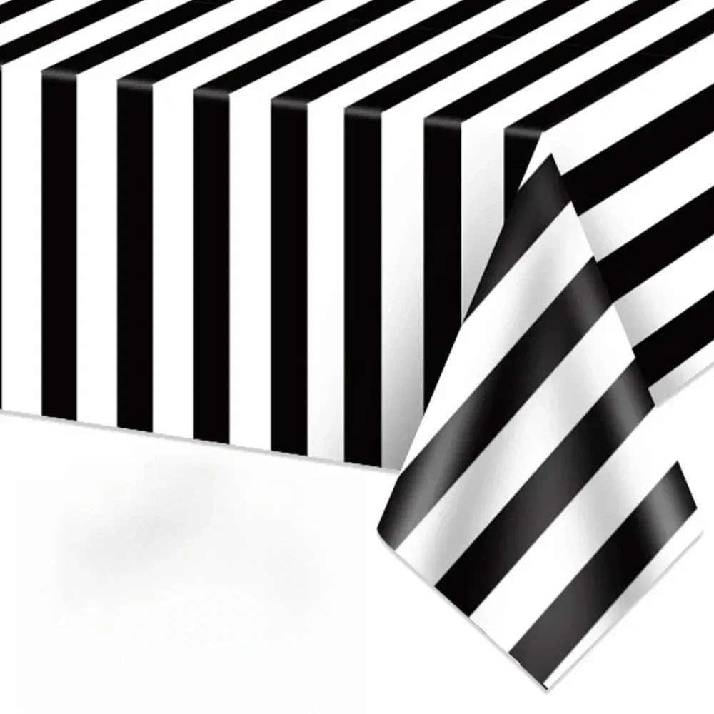 1 PC Black White Striped Plastic Tablecloth Waterproof Zebra Print Table Cover for Party Holiday Baby Shower Decor 54x108 Inch