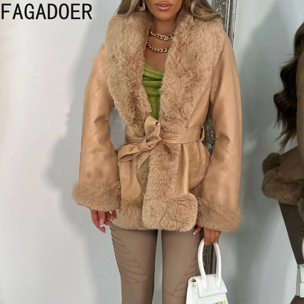 FAGADOER-abrigos de cuero para mujer, Parka corta con cuello de retales de piel de manga larga, cárdigan cálido con cinturón, ropa de calle, invierno, nuevo