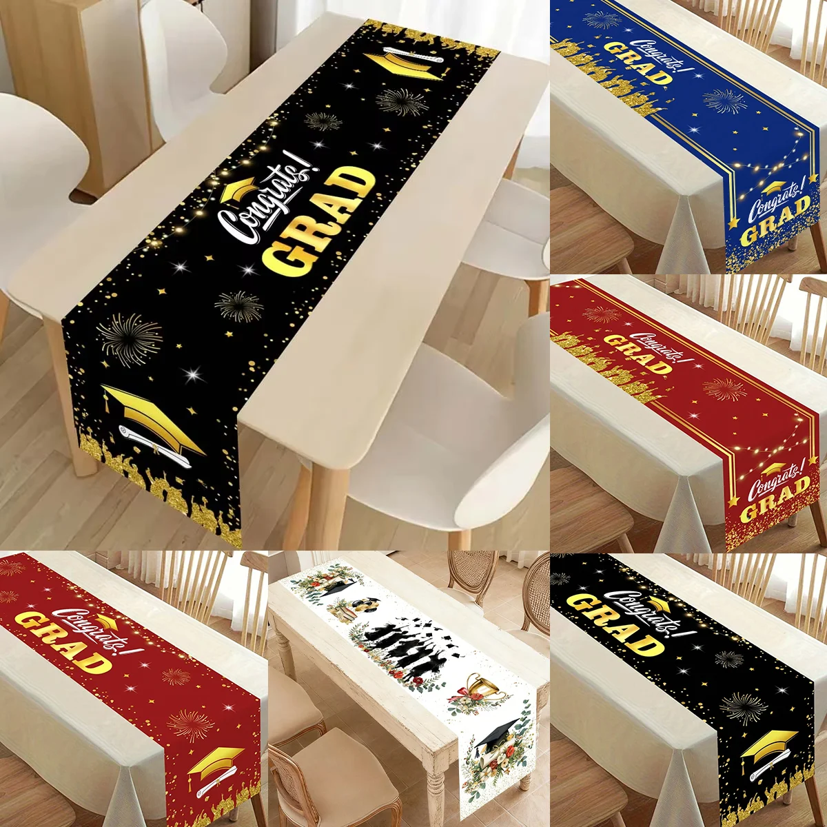 

Скатерть-дорожка для выпускного вечера, 1 шт., сине-золотая, красно-золотая, черно-золотая, с надписью «Поздравляем с выпускным!», декор для стола на выпускной 2026 года, для вечеринки, столовой, кухни