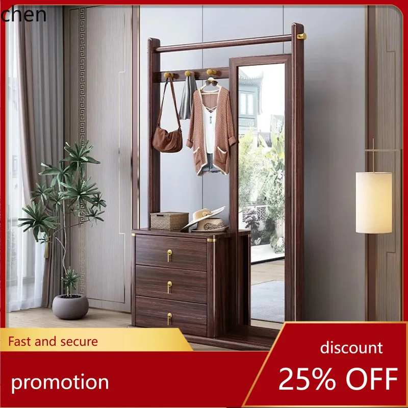 

HT Coat Rack Floor Cabinet Hanging Rack with Mirror Dressing Mirror New Chinese Style Storage Cabinet Clothes Rack