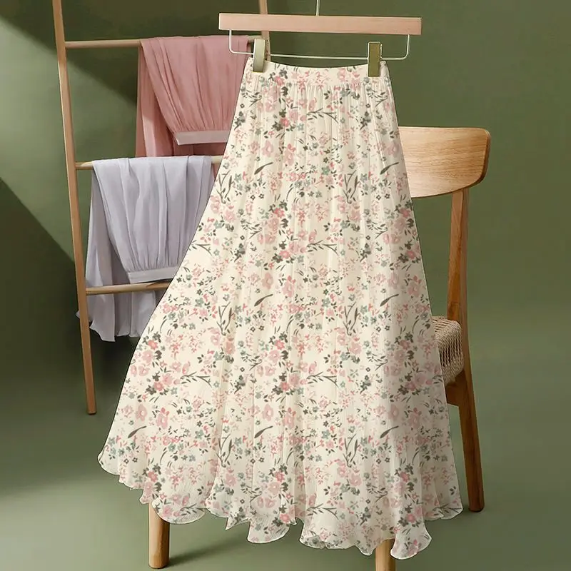 Novo verão chiffon saia longa moda saia temperamento moda praia saia de dança quadrada uma linha saia longa