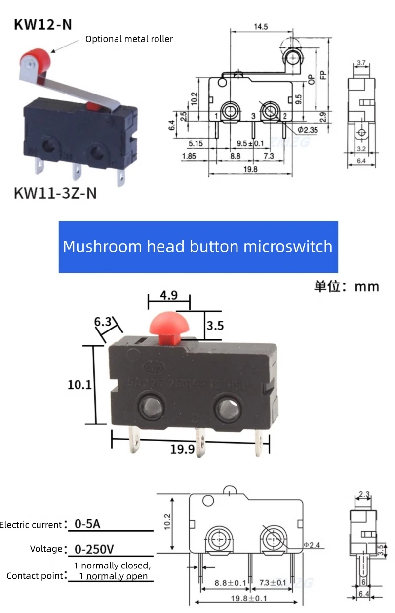 KW12 Reiseendschalter-Kontakt-Knopf KW11-3Z-2 Mikroschalter mit geradem Schaft, dreipolig, 5A 125V/250V – Detail 8