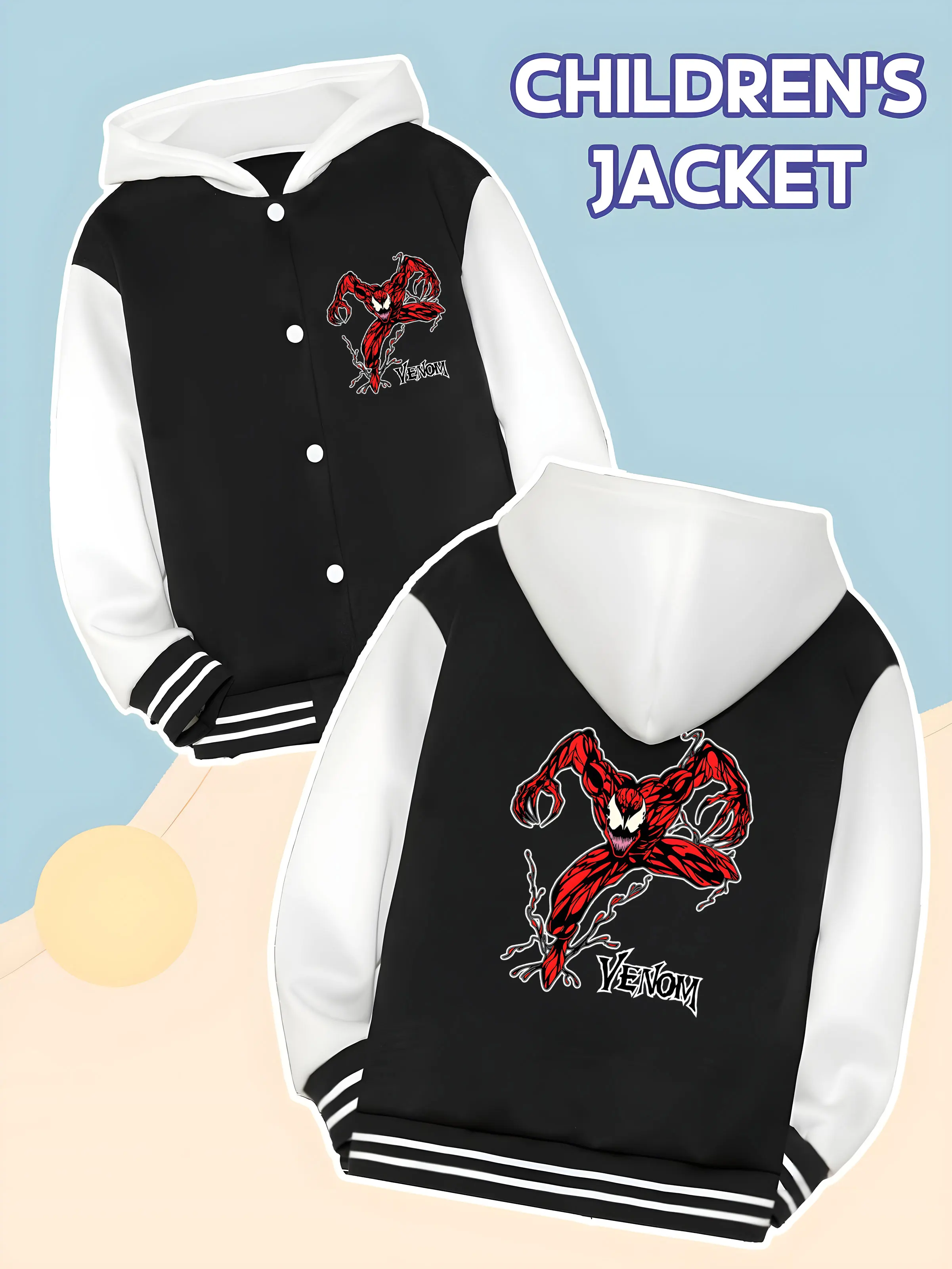 

MINISO Marvel Venom Boys Baseball Jacket - Cool Venom print, double-sided design, full of personality, comfortable and machine w