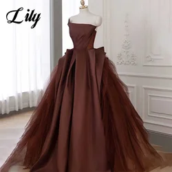 Lily Brown Charming Prom Dresses Gown Strapless Sleeveless A-Line Formal Gowns with Pleats Satin Evening Gowns vestidos de noche