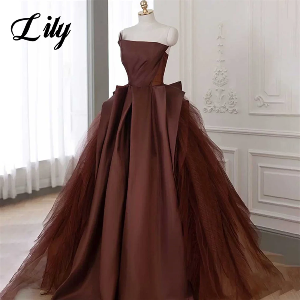 Lily Brown Charming Prom Dresses Gown Strapless Sleeveless A-Line Formal Gowns with Pleats Satin Evening Gowns 프롬 드레스 Customized