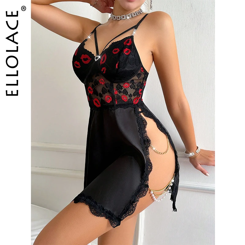 Ellolace Red Lip Sissy Slit Nightdress Lace Sexy Lingerie Babydoll Hot Sleepwear Costumes Call Of The Night Fantasy Erotic Dress