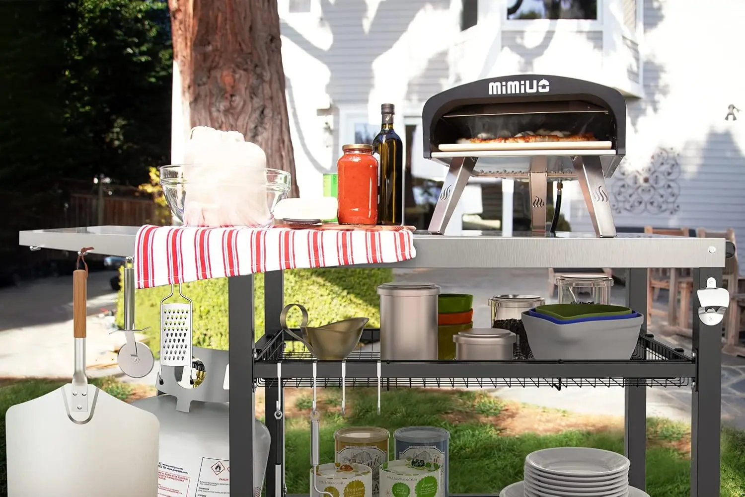 Mesa de carrito de parrilla al aire libre para plancha de piedra negra y horno de Pizza