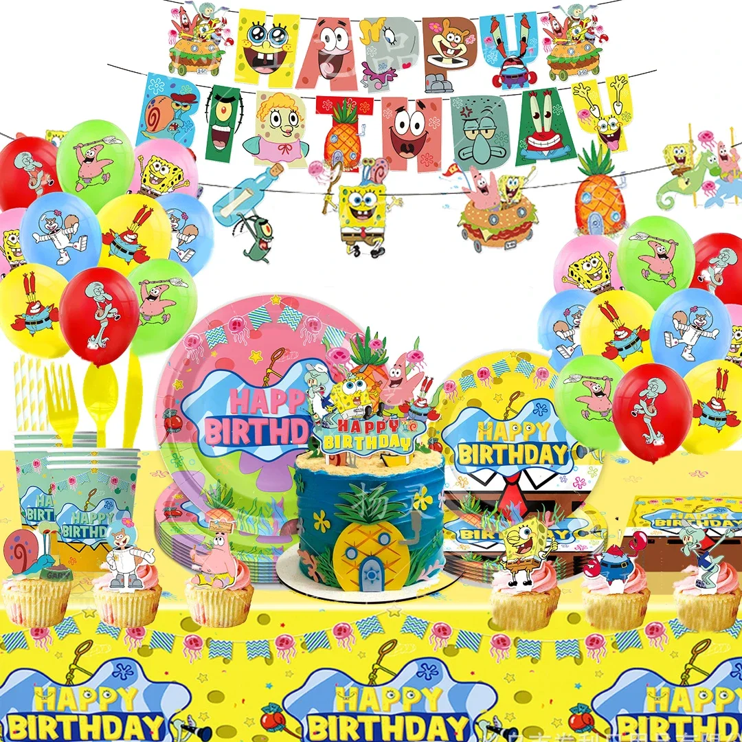 SpongeBob Square Pants Birthday Party cutlery plate Disposable Banner Cake Topper Hanging Flag Balloons Set Birthday Decorations