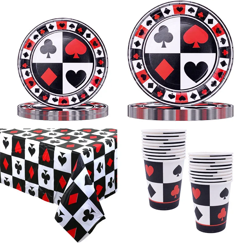 Talheres descartáveis para festa de cassino, pratos de papel, copos, guardanapos, toalha de mesa, festa temática de Las Vegas, placas de pôquer