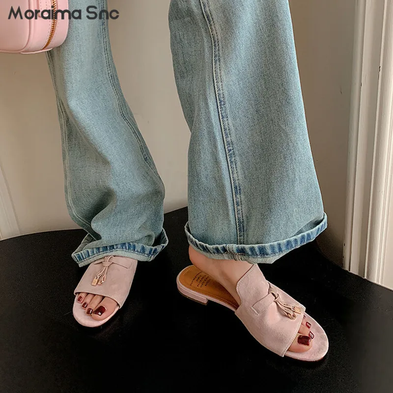 Suede Flat Wide Slippers Round Toe Flat Heel Slippers Solid Color Inside and Outside Full Leather Open Toe Women's Sandals
