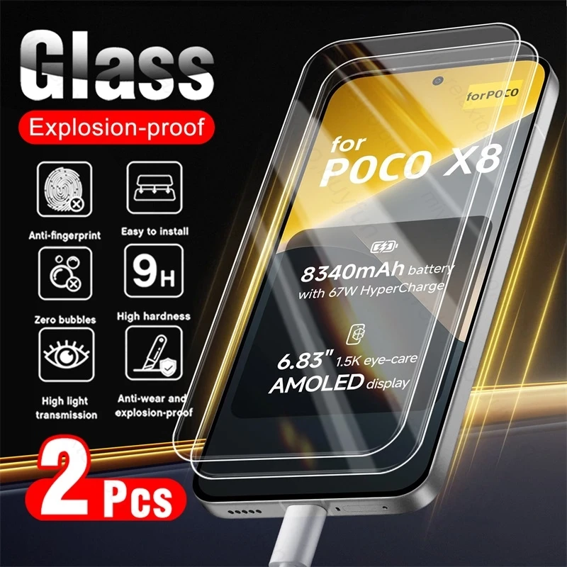 2Pcs Full Cover Tempered Glass for Poco X8 PocoX8 X 8 8X 5G 2026 2607DPC18G 6.83" Phone Screen Protector Explosion-Proof HD Film