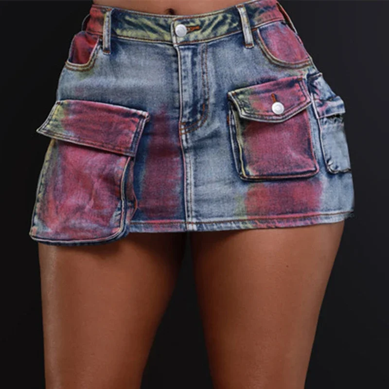 Summer Fashion Sexy Gradient Color Heavy Wash Cargo Jeans Y2k Skirts Stretch Denim Shorts Jean Mini Street Outwears Women 2024